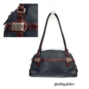 Brighton Black Pebbled Leather Purse Brown Braided Straps Scrolling Silver Trim